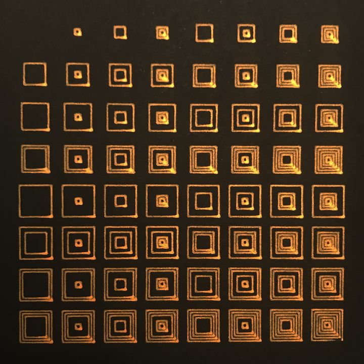 6 bits squares, bronze on black, in sequence