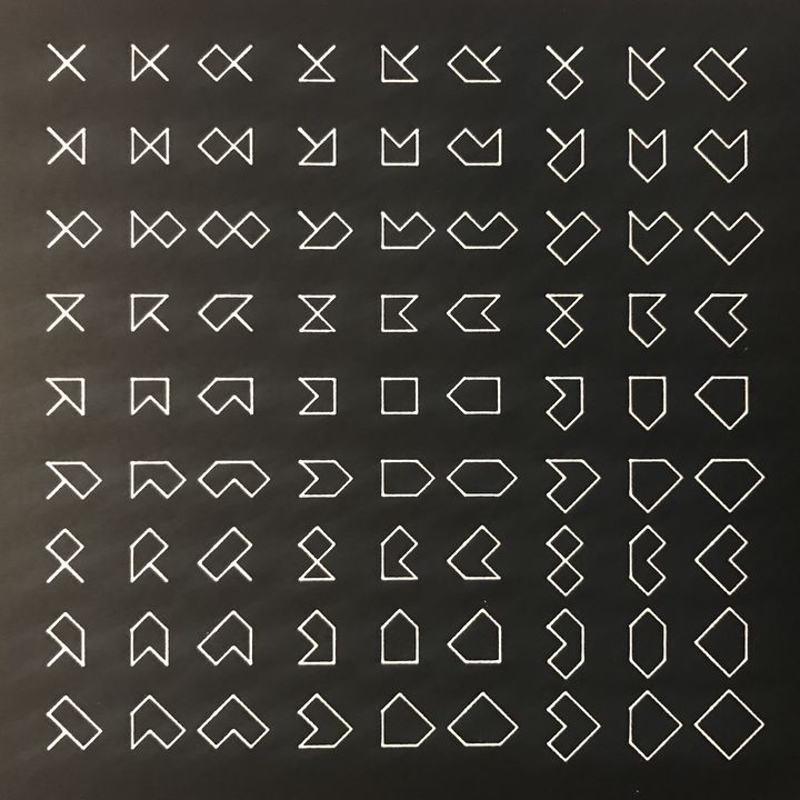 4 trits squares, triangular sides, white on black, in sequence