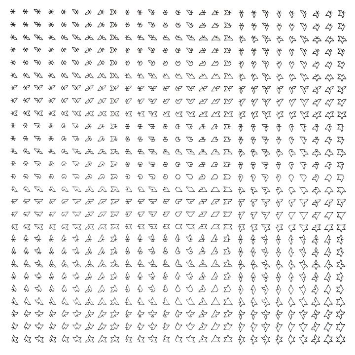 6 trits hexagons, folds, black on white, in sequence
