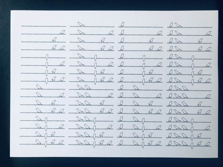 6 bits birds on a branch, black on white, branches and birds in sequence