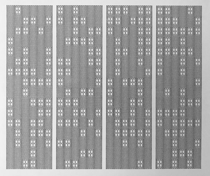 6 bits windows, four towers, black on white, shuffled