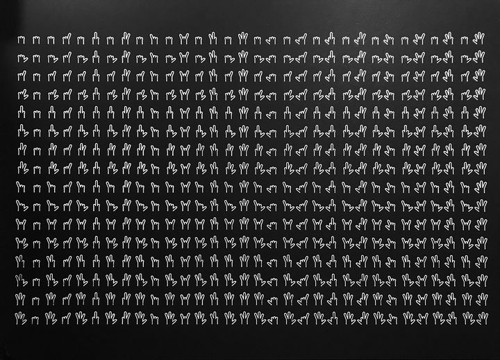 8 bits, two hands cartoon version, white on black