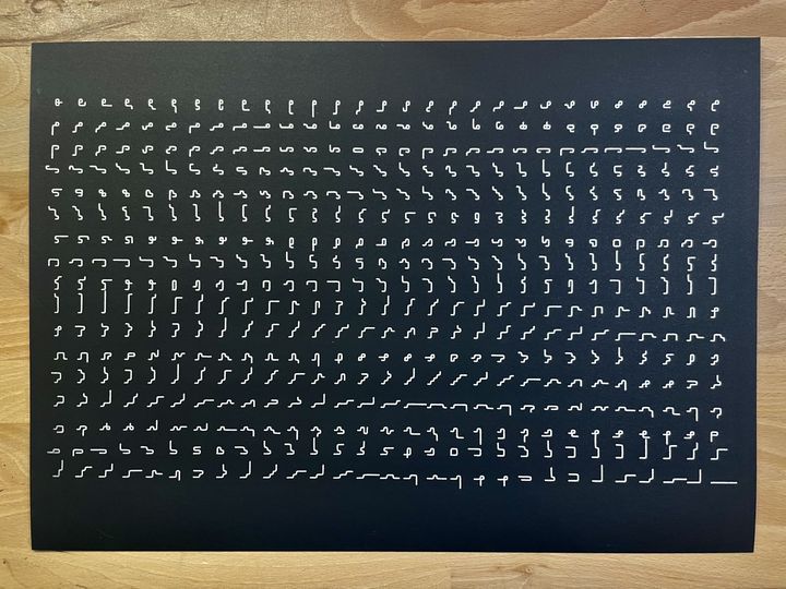 Bend wires, 8 lengths, 7 possible bends, white on black, in sequence