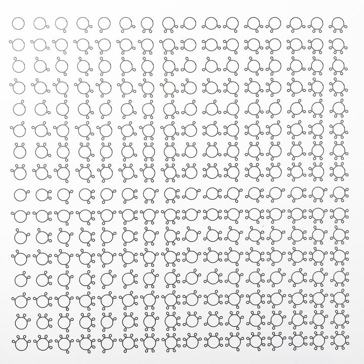 8 bits covid viruses with binary spikes, black on white, in sequence