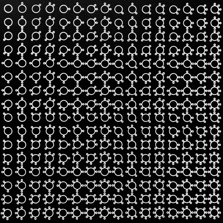 8 bits covid viruses with binary spikes, white on black, shuffled