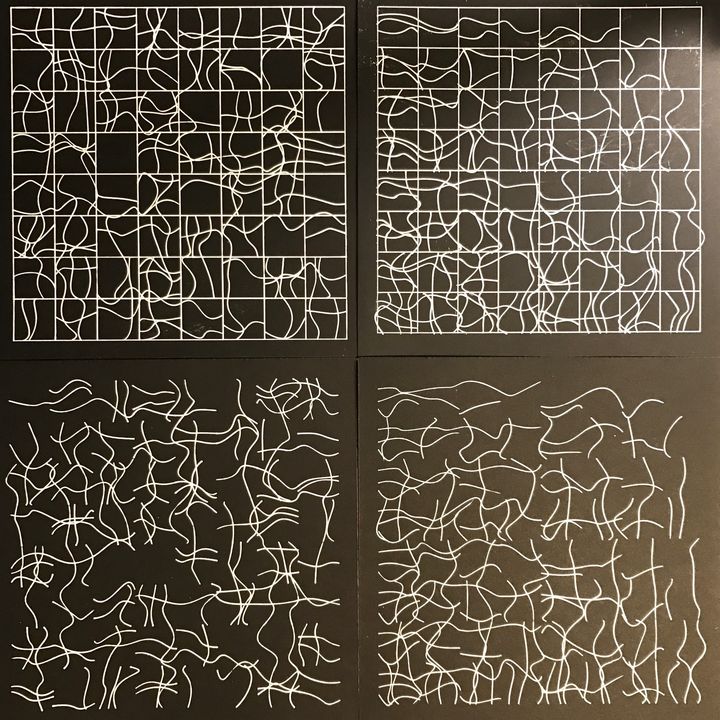 6 bits binary curly lines, a four-panel, white on black, shuffled